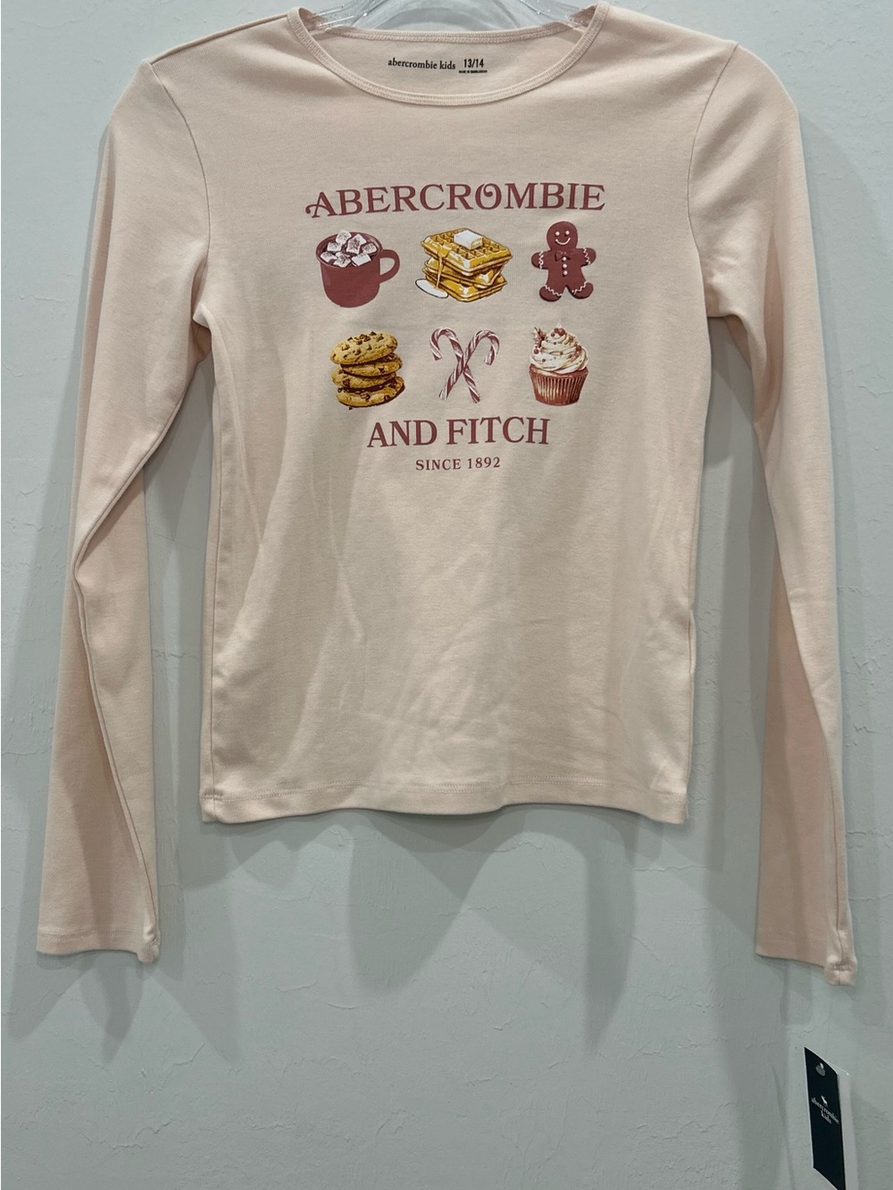 NWT Abercrombie Kids Holiday Treats Long Sleeve Rib Graphic Tee Mauve 13/14